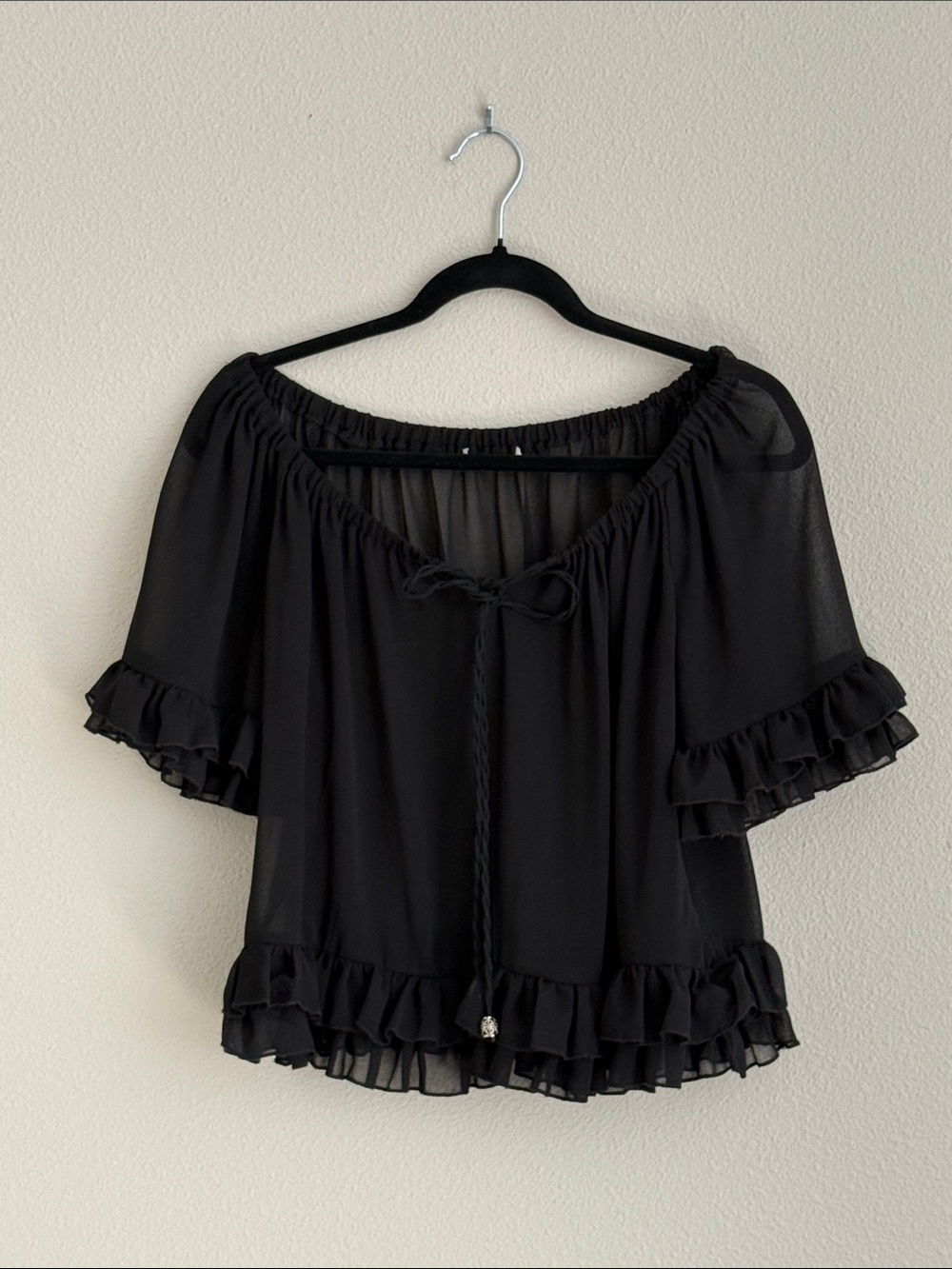 Sheer Black Ruffle-Trim Peasant Blouse with Front Tie